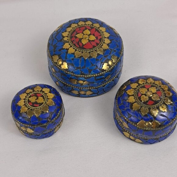 Nesting Trinket Boxes (3) Blue & Red Flat Stone with Gold Accents Handmade NWOT - Picture 1 of 11